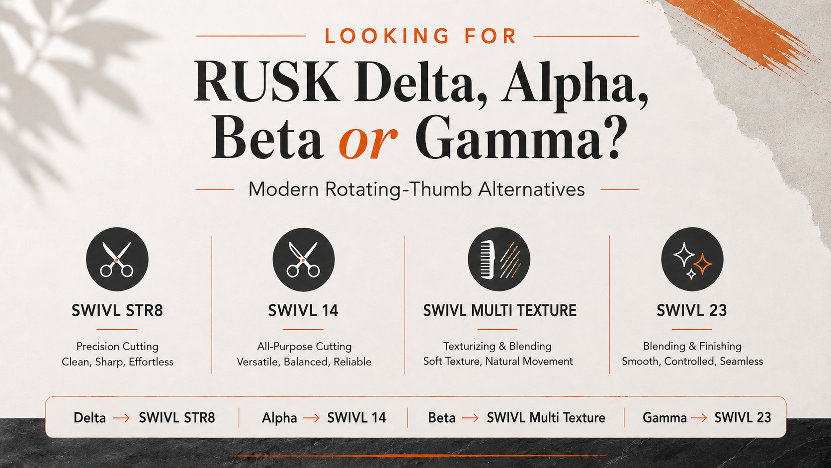 RUSK Delta Alpha Beta Gamma shear alternatives compared with SENSEI SWIVL professional shears